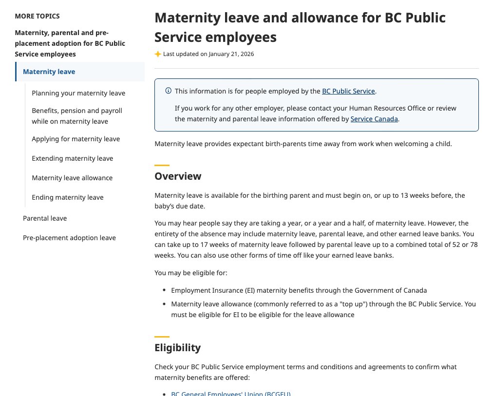Content framework in action on maternity leave page